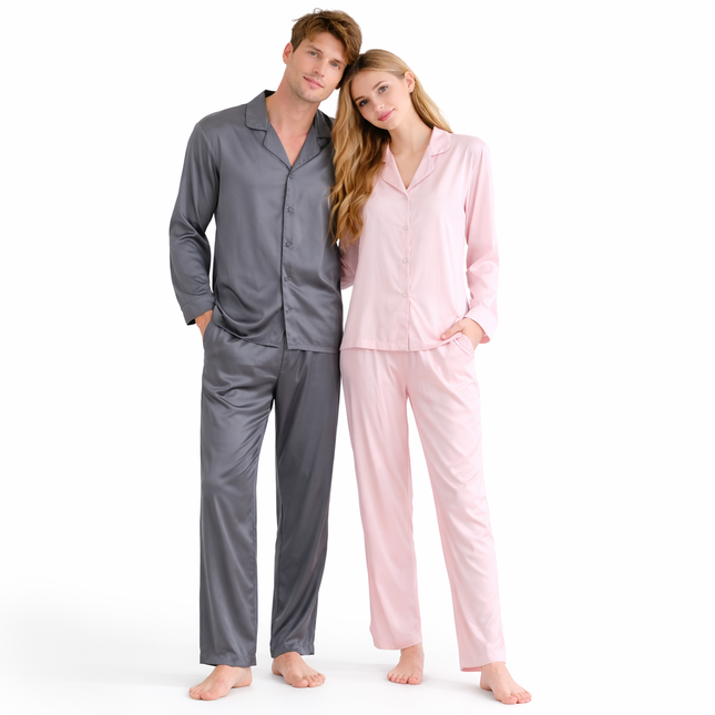 Pysjamasett i Bomull & Viskose – Ensfarget Lett Sett med Langermet Topp og Bukse (Vår/Sommer)