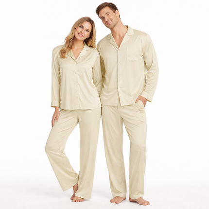 Matchende Satengpysjamas for Par – Ensfarget 2-delt Sett med Skjortekrage, Lommer & Lange Ermer (Høst)