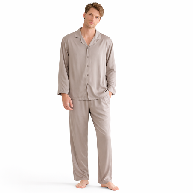 Pysjamasett i Bomull & Viskose – Ensfarget Lett Sett med Langermet Topp og Bukse (Vår/Sommer)