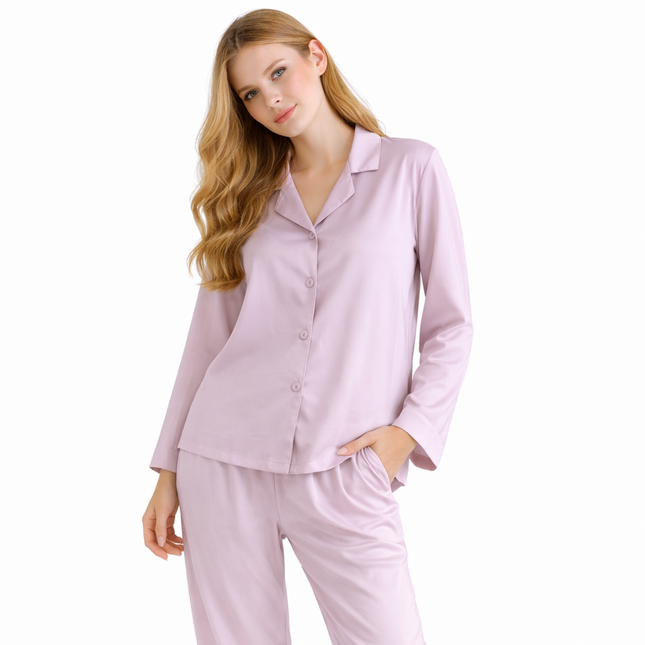 Pysjamasett i Bomull & Viskose – Ensfarget Lett Sett med Langermet Topp og Bukse (Vår/Sommer)