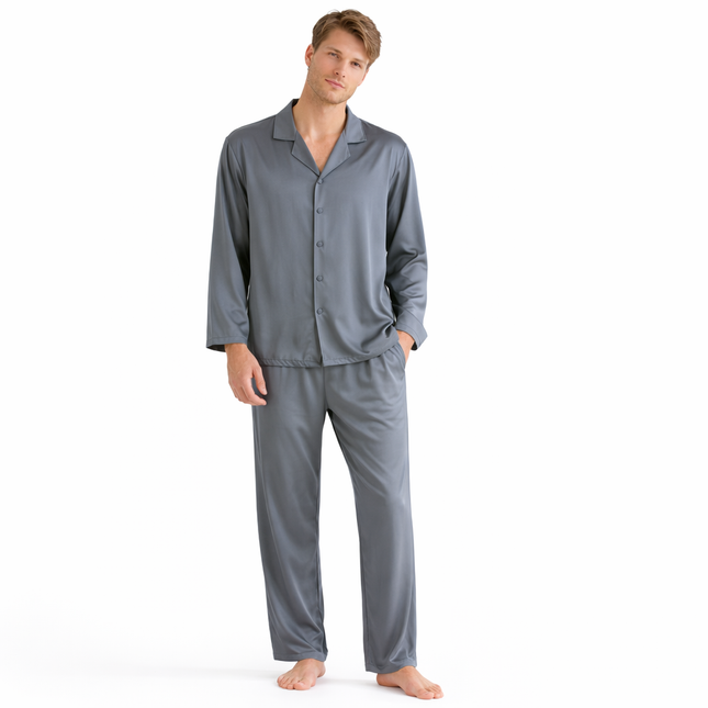 Pysjamasett i Bomull & Viskose – Ensfarget Lett Sett med Langermet Topp og Bukse (Vår/Sommer)