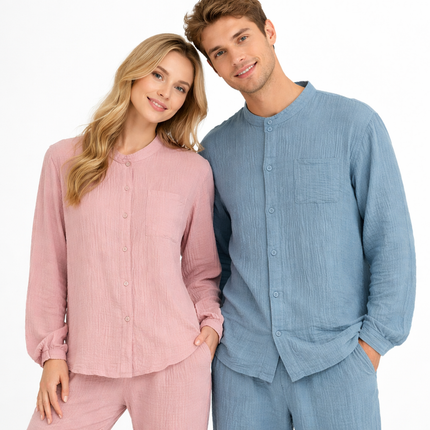 Unisex Pysjamasett i Bomull (Yarn Crepe) – 2-delt Sett med Langermet Rundhalset Topp + Bukse | Ensfarget Hjemmesett