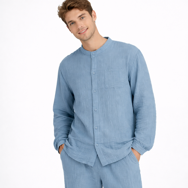 Unisex Pysjamasett i Bomull (Yarn Crepe) – 2-delt Sett med Langermet Rundhalset Topp + Bukse | Ensfarget Hjemmesett