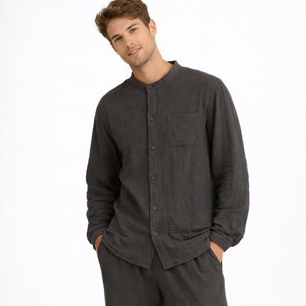 Unisex Pysjamasett i Bomull (Yarn Crepe) – 2-delt Sett med Langermet Rundhalset Topp + Bukse | Ensfarget Hjemmesett