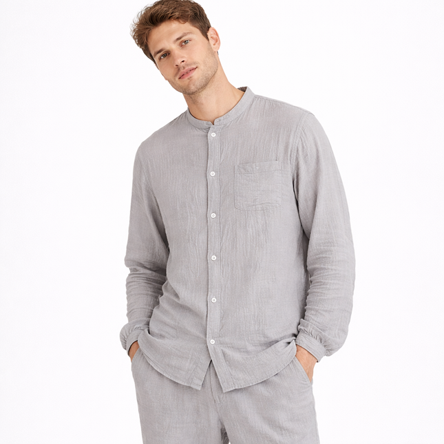 Unisex Pysjamasett i Bomull (Yarn Crepe) – 2-delt Sett med Langermet Rundhalset Topp + Bukse | Ensfarget Hjemmesett