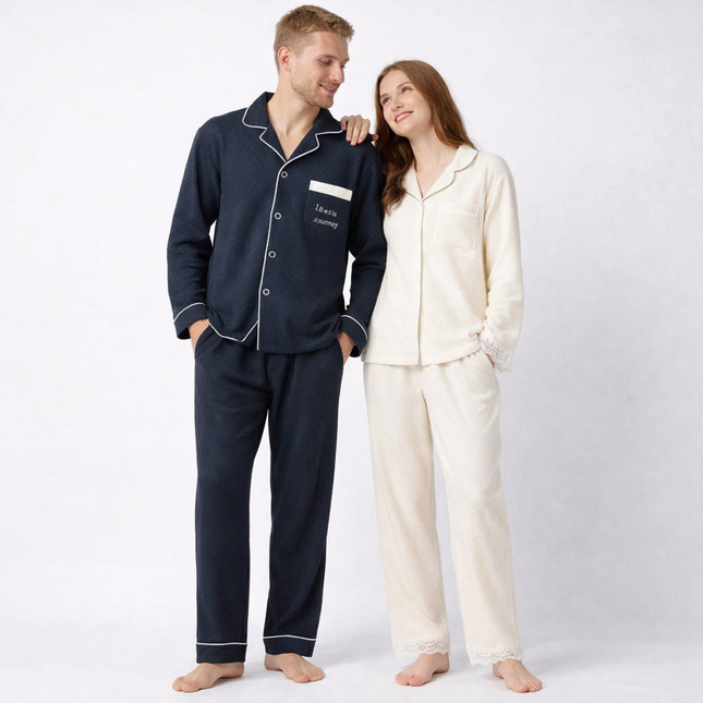 Japansk-Inspirert Par-Pysjamas i Myk Bomull – Unisex 2-delt Sett (Løs Passform) | Vår Hjemmesett