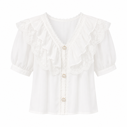 Chiffongbluse til Dame – Elegant Blondetopp med Puffermer