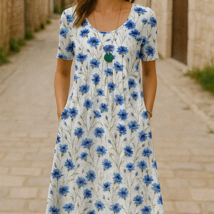 Sommerkjole med Rund Hals – Ledig Bomullsmodell med Trykk og Knelengde