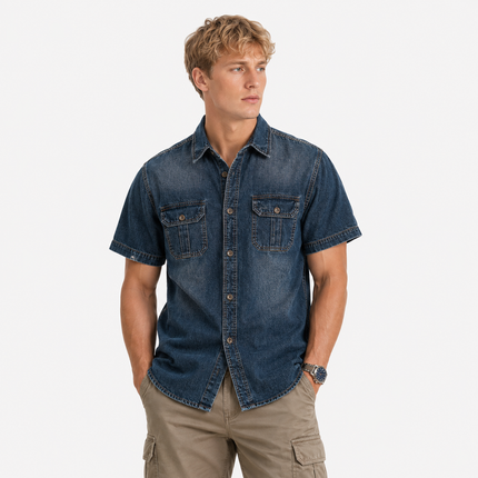 Denimskjorte til Herre – Kortermet Skjorte med Klassisk Krage