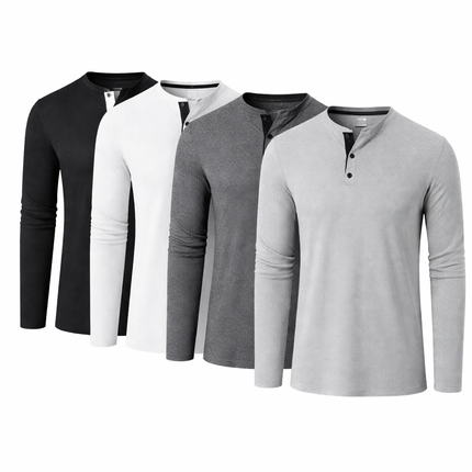 Herre T-skjorte i Vaffelstruktur – Slim Fit Langermet Henley i Bomull Pakke