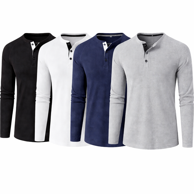 Herre T-skjorte i Vaffelstruktur – Slim Fit Langermet Henley i Bomull Pakke