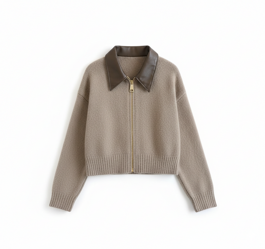 Strikkecardigan med skinnlook-krage – toveis glidelås, myk & vintage-inspirert (høst/vinter)