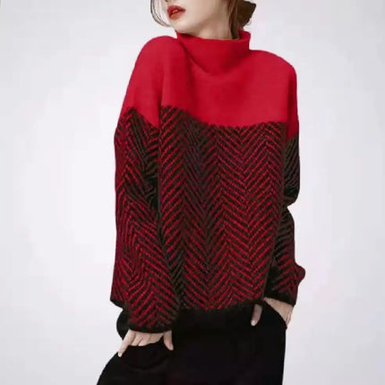 Geometrisk Strikkegenser med Høy Hals – Myk & Varm Pullover i Flerfarget Design (Høst/Vinter)