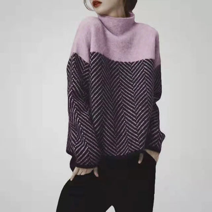 Geometrisk Strikkegenser med Høy Hals – Myk & Varm Pullover i Flerfarget Design (Høst/Vinter)