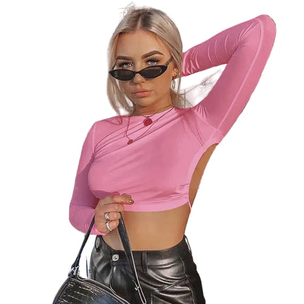 Sexy Cropped Topp med Åpen Rygg – Langermet Harajuku T-skjorte for Dame