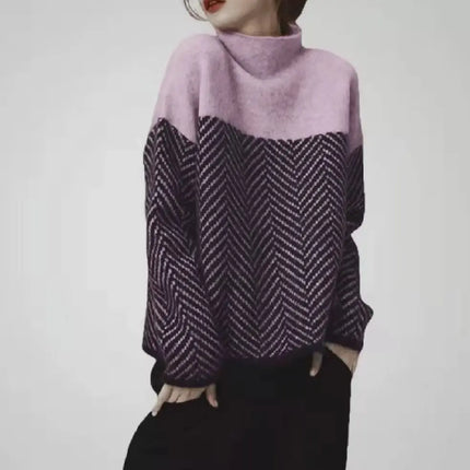 Geometrisk Strikkegenser med Høy Hals – Myk & Varm Pullover i Flerfarget Design (Høst/Vinter)