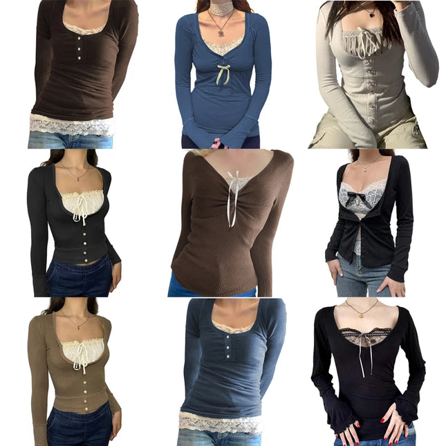 Vintage Blondetopp for Dame – Bomull, Patchwork & Knapper | Retro Y2K & Koreansk Inspirert Stil