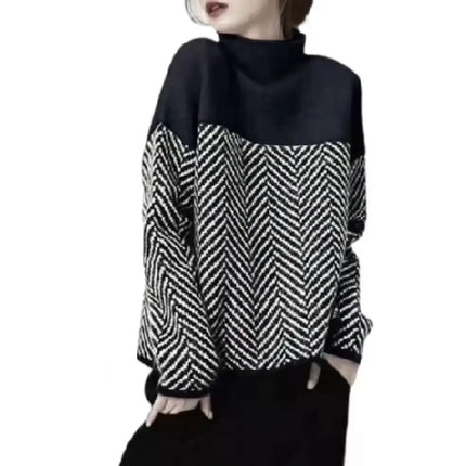 Geometrisk Strikkegenser med Høy Hals – Myk & Varm Pullover i Flerfarget Design (Høst/Vinter)