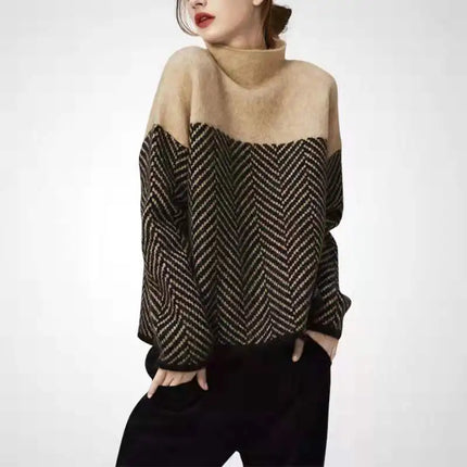 Geometrisk Strikkegenser med Høy Hals – Myk & Varm Pullover i Flerfarget Design (Høst/Vinter)