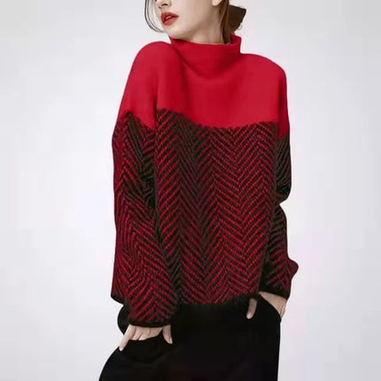 Geometrisk Strikkegenser med Høy Hals – Myk & Varm Pullover i Flerfarget Design (Høst/Vinter)