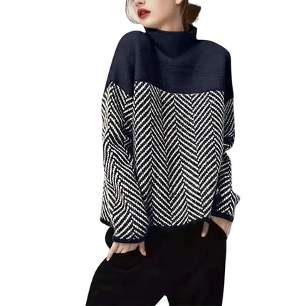 Geometrisk Strikkegenser med Høy Hals – Myk & Varm Pullover i Flerfarget Design (Høst/Vinter)