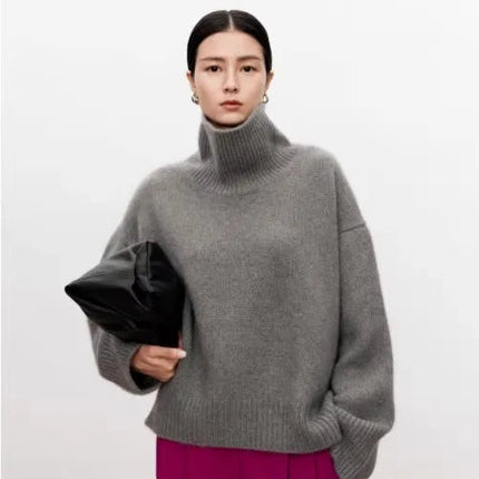 Tykk Høyhalset Kasjmirgenser for Kvinner – 100% Ren Kasjmir | Myk, Løs og Elegant Strikkegenser i Europeisk Stil