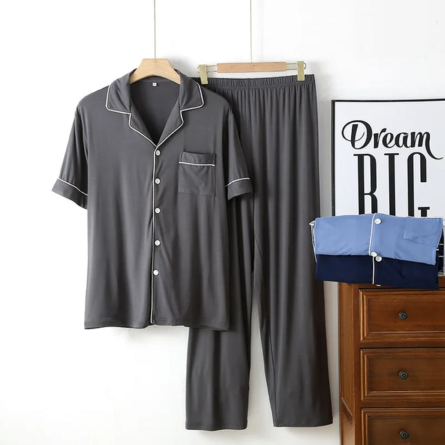 Herrepysjamas i bambus – ensfarget 2-delt loungesett (t-skjorte + bukse) for vår og sommer