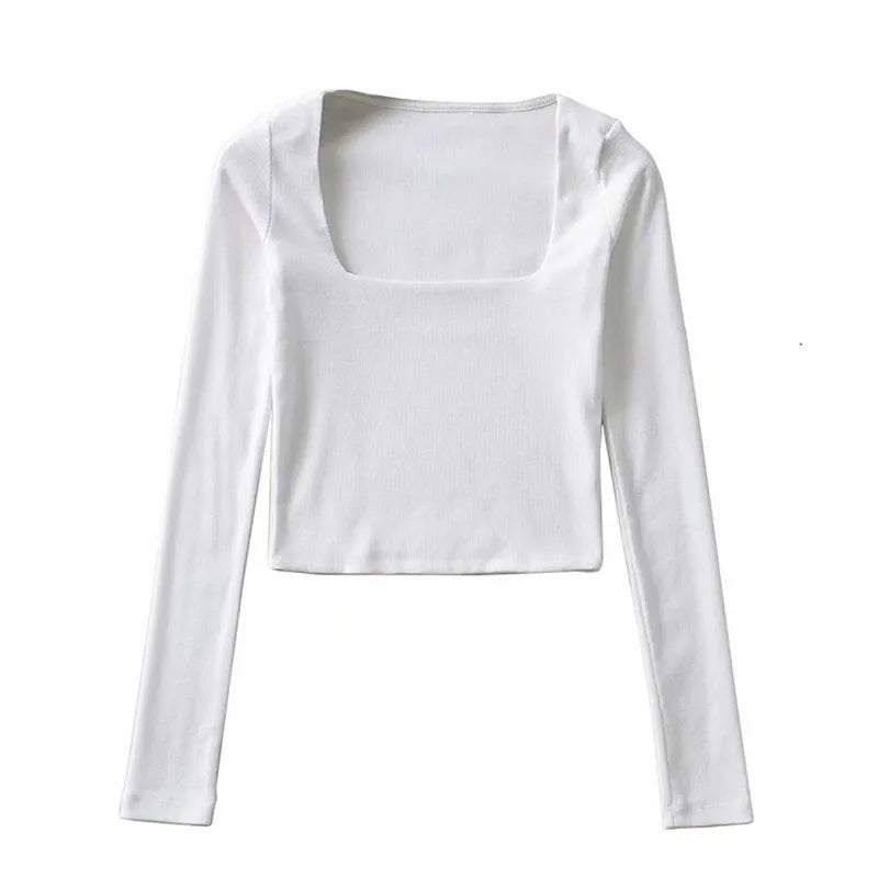 Dame Ribbestrikket Crop Top – Langermet med Kvadratisk Utringning