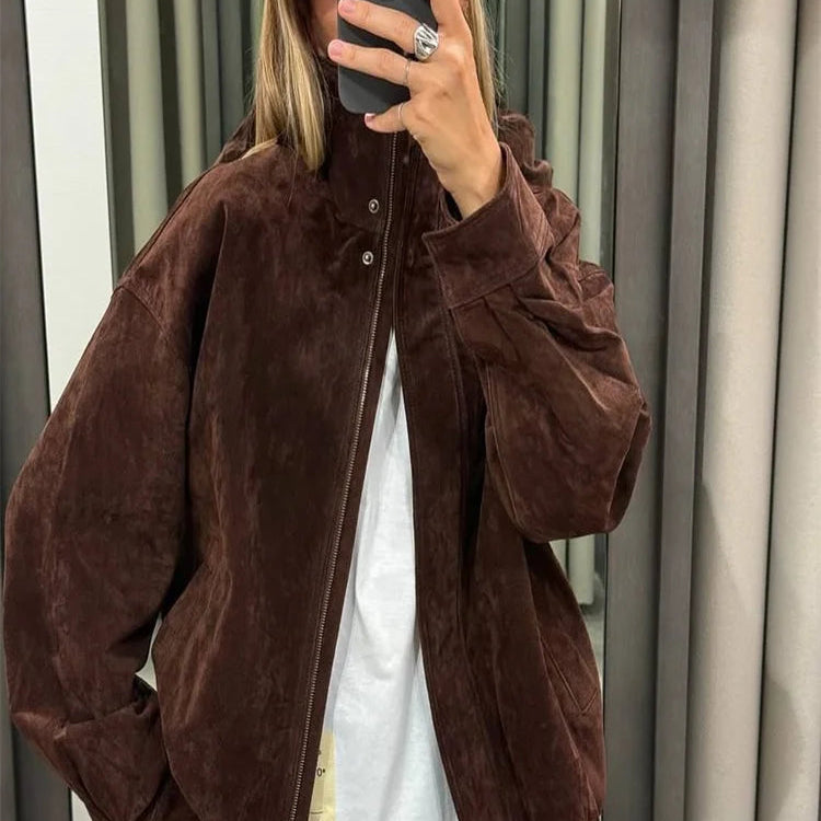 Dame Bomberjakke – Vintage Semsket Patchwork med Glidelås & Lommer