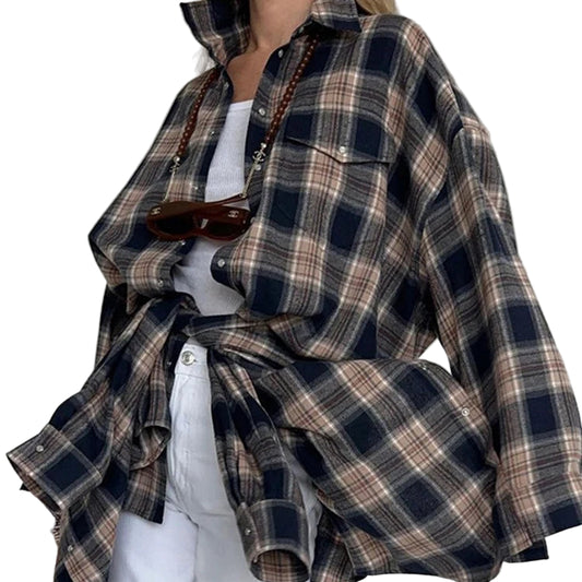 Vintage Rutete Skjorte for Dame – Oversized Bluse i Blåtoner | Langermet Høst- og Vinterskjorte 2024