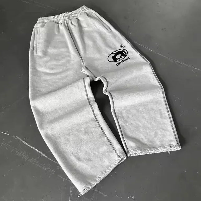 Y2K Joggebukse – Grå Brodert Streetwear | Unisex Retro Hip Hop Sweatpants