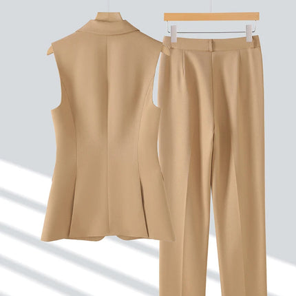 Damebuksedress i 2 Deler – Formell Vest og Bukse til Kontor og Business (Khaki, Rosa, Svart)