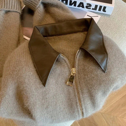 Strikkecardigan med skinnlook-krage – toveis glidelås, myk & vintage-inspirert (høst/vinter)