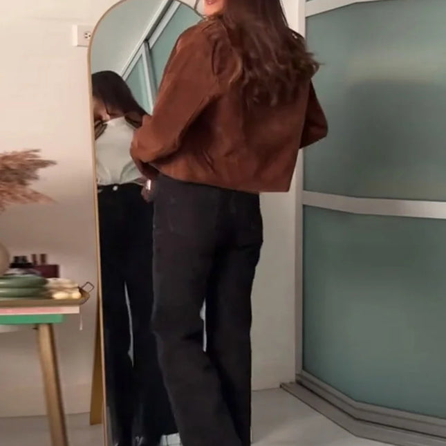 Vintage Semsket Kort Jakke til Dame – Streetwear med Glidelås & Krage