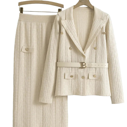 Chic Strikket 2-delt Sett til Dame – Cardigan med Belte & Høytliv Skjørt