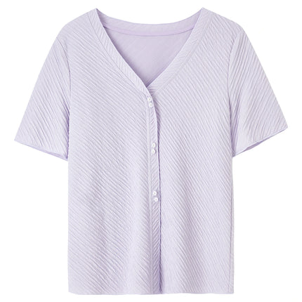 Stripet Strikket Topp til Dame – V-hals med Perleknapper og Elegant Sommerstil
