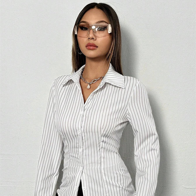 Stripete Skjorte for Dame – Elegant Slim Fit med Knapper | Perfekt til Jobb og Hverdag Høst/Vinter