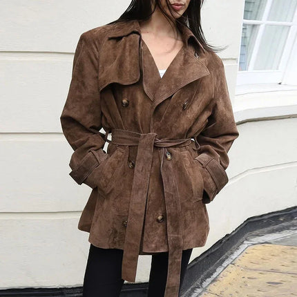 Lang Semsket Frakk for Dame – Eleganter doppelter Jakke mit Belte | Vintage-Stil für Herbst und Winter 2025