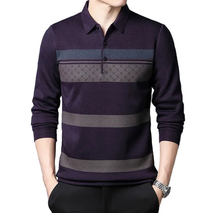 Stripet Herre T-skjorte med Krage – Langermet Business Casual Topp | Moderne og Elegant 2025 Skjorte i Mykt Stoff