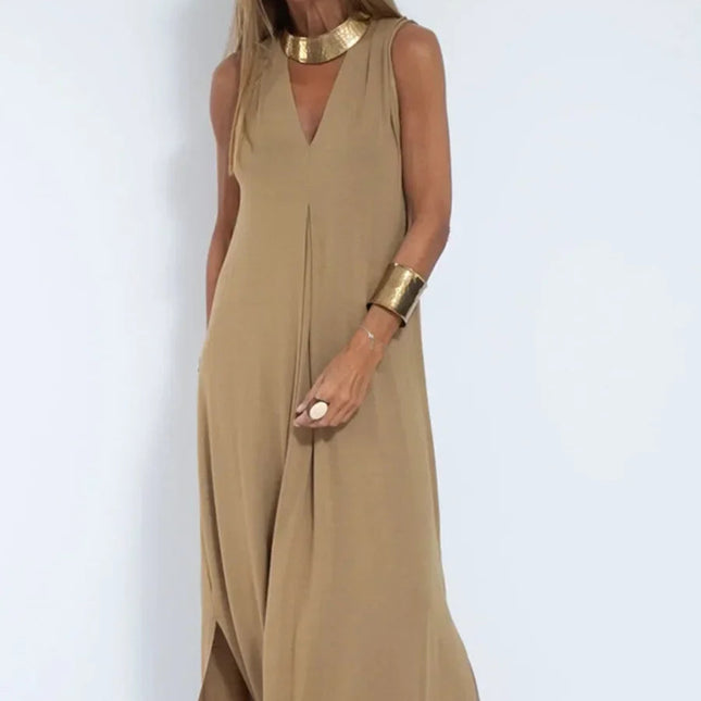Sommerens Elegante V-hals Maxi-kjole – Ermeløs, Løs Passform og Splittdetalj
