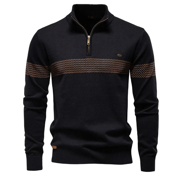Varm Herregenser i Ullblanding – Tykk Halv-Zip Strikkegenser med Struktur og Stripet Design | Perfekt til Høst og Vinter