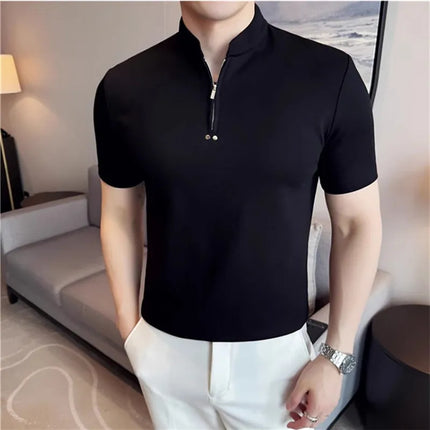 Herre T-Shirts mit hohem Kragen und Glidelås – Kortermet Slim Fit | Trendy Ensfarget Sommer Topp i Lett und Komfortablet Stoff