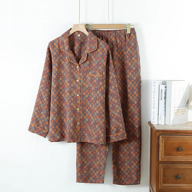 Jacquard Pysjamasett i Bomull (Garnfarget) – 2-delt Langermet Sett med Etnisk Mønster | Høst Loungewear