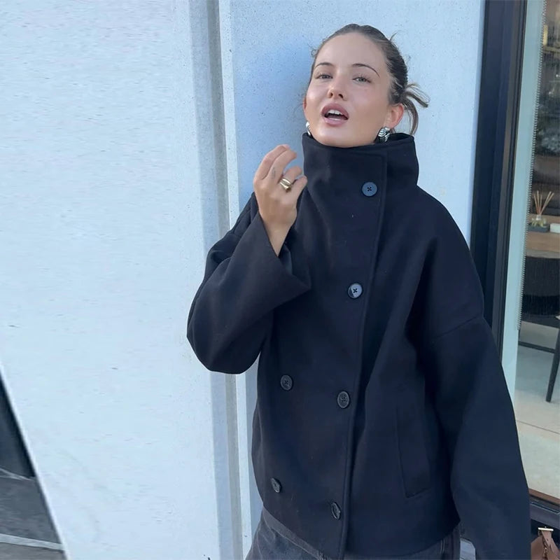 Klassisk Ullkåpe for Dame – Kort Jakke med Høy Krage | Elegant, Løs Passform til Høst og Vinter 2025