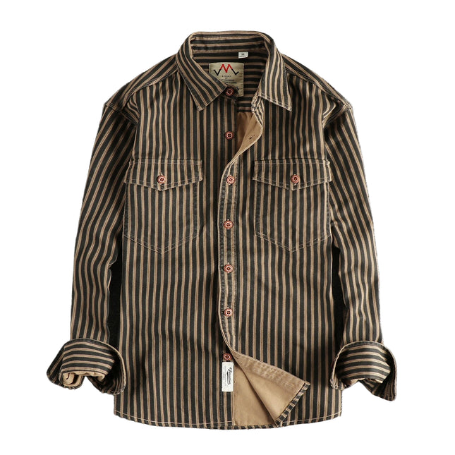 Retro Stripet Skjorte for Menn – Amerikansk Vasket Look med Lommer | Casual Langermet Skjorte for Høst og Vinter 2025