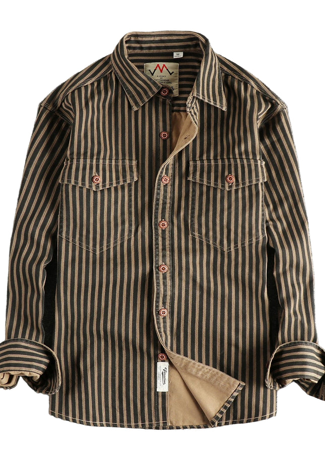 Retro Stripet Skjorte for Menn – Amerikansk Vasket Look med Lommer | Casual Langermet Skjorte for Høst og Vinter 2025