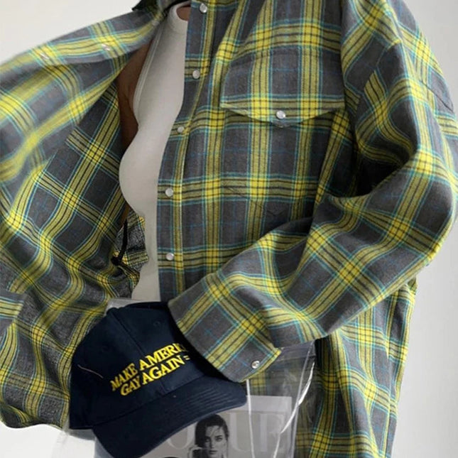 Vintage Rutete Skjorte for Dame – Oversized Bluse i Blåtoner | Langermet Høst- og Vinterskjorte 2024