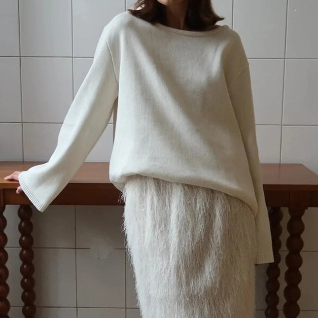 Strikkegenser for Kvinner – Myk Bomullsgenser med Åpen Rygg | Løs, Trendy og Elegant til Høst og Vinter