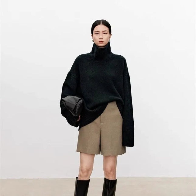 Tykk Høyhalset Kasjmirgenser for Kvinner – 100% Ren Kasjmir | Myk, Løs og Elegant Strikkegenser i Europeisk Stil