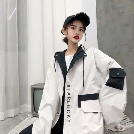 Vintage Streetwear Patchwork Jakke – Harajuku/Kpop Hoodie til Dame